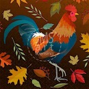 A colorful rooster surrounded by autumn leaves, with a decorative border at top and bottom.