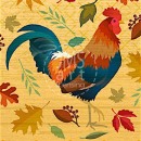 A colorful rooster surrounded by autumn leaves, with a decorative border at top and bottom.