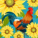 A rooster with patterned background and holiday greens and berries.